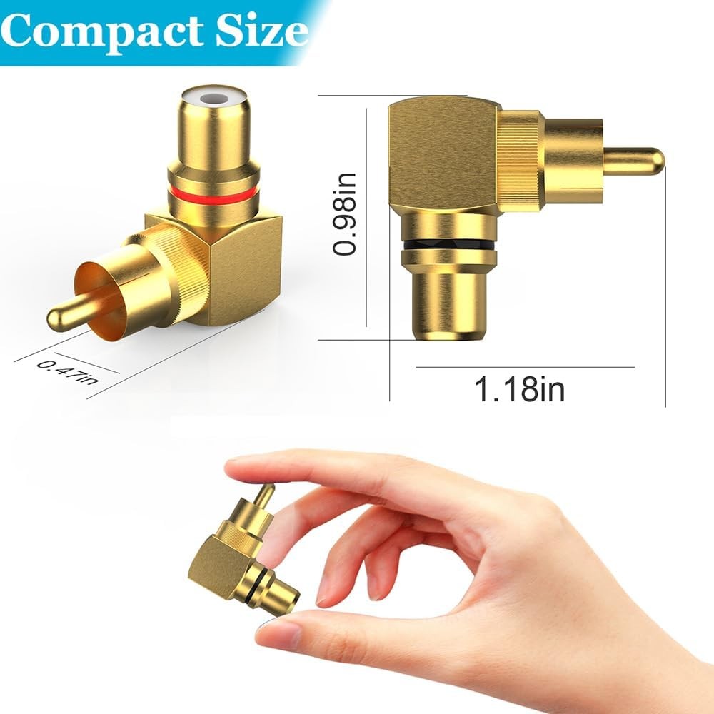 2-Pack RCA Right Angle Adapter 90 Degree Male to 2-PACK, Gold Plated