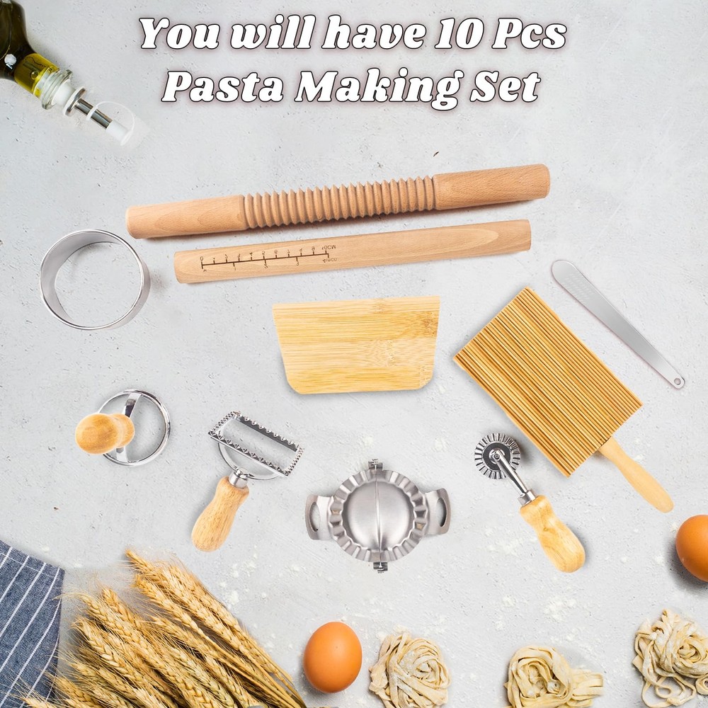 10 Pcs Pasta Making Tools Kit, Wooden Threaded Rolling Pin, Rolling Pin With ...