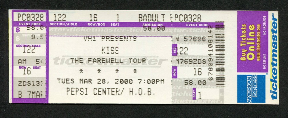 Original Kiss Skid Row Ted Nugent 2000 unused full concert ticket Denver CO