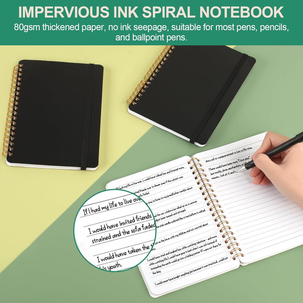 3 Pack 5x7 Spiral Notebook Journal 70 Sheets Black Hardcover Elastic Strap