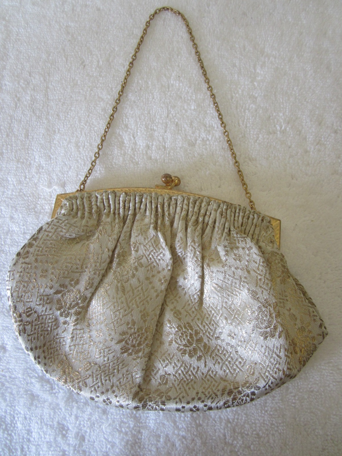 ALBRO of France Small Cream Gold Evening Bag Vintage 50s Brocade w/Kiss Lock