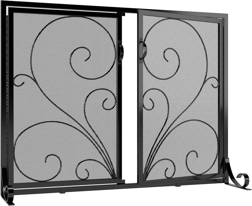 Flat Fireplace Screen W/ Doors,Solid Wrought Iron Frame W/ Metal Mesh Flat Panel