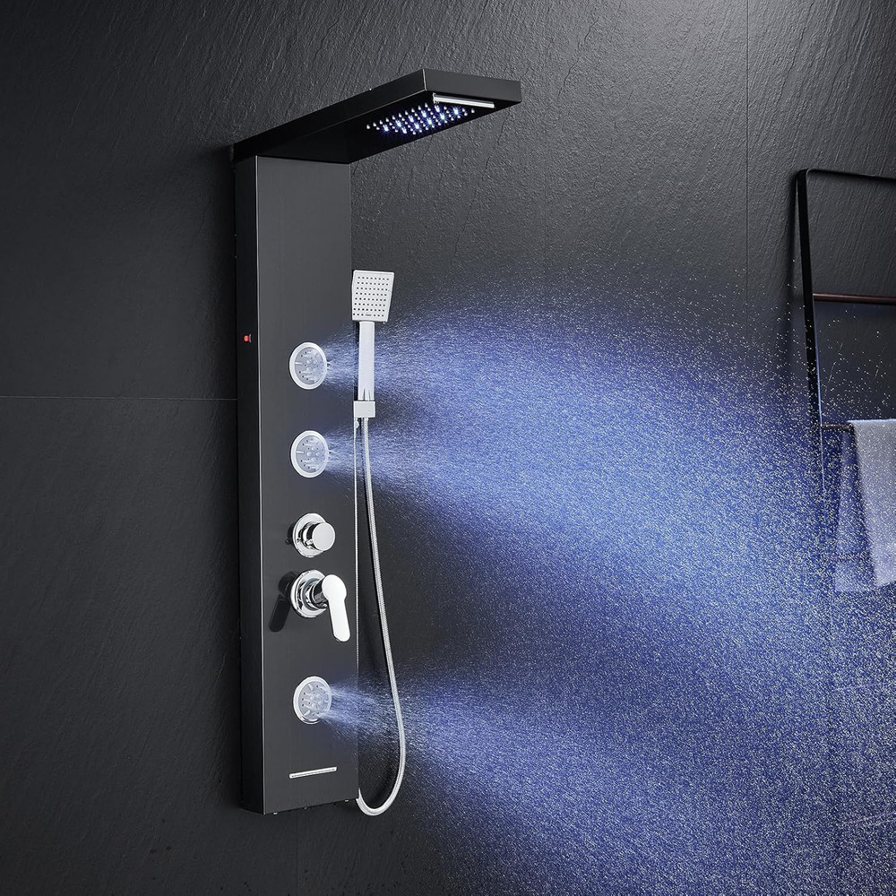 LED Shower Panel Tower System with Rainfall Waterfall Shower, Black Shower Tower