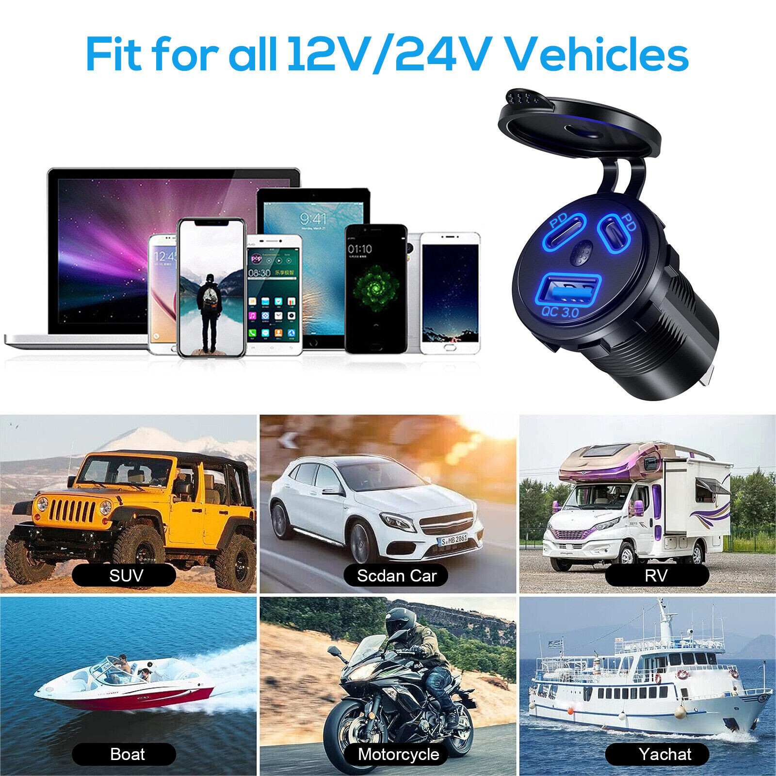 Dual PD+QC3.0 Port USB Car Fast Charger Cigarette Lighter Socket Power Plug Kit