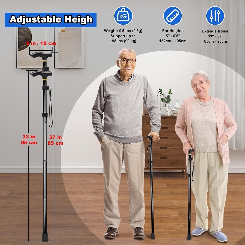 Versatile Folding Walking Stick with 5 Adjustable Heights & Safety Wrist Strap