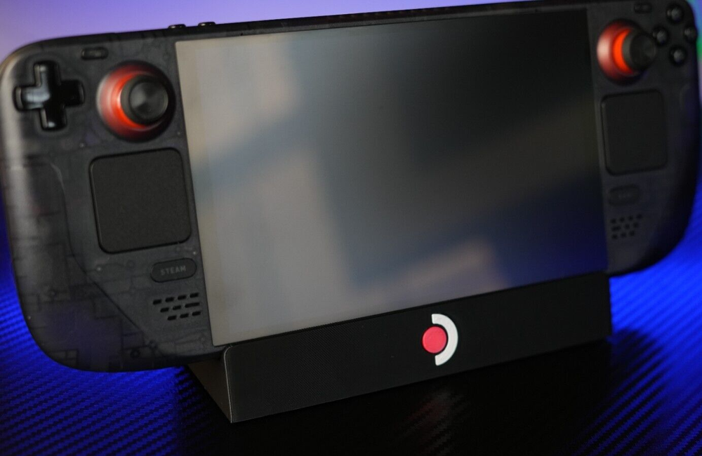 Steam Deck Desk Stand 3D Printed with red logo