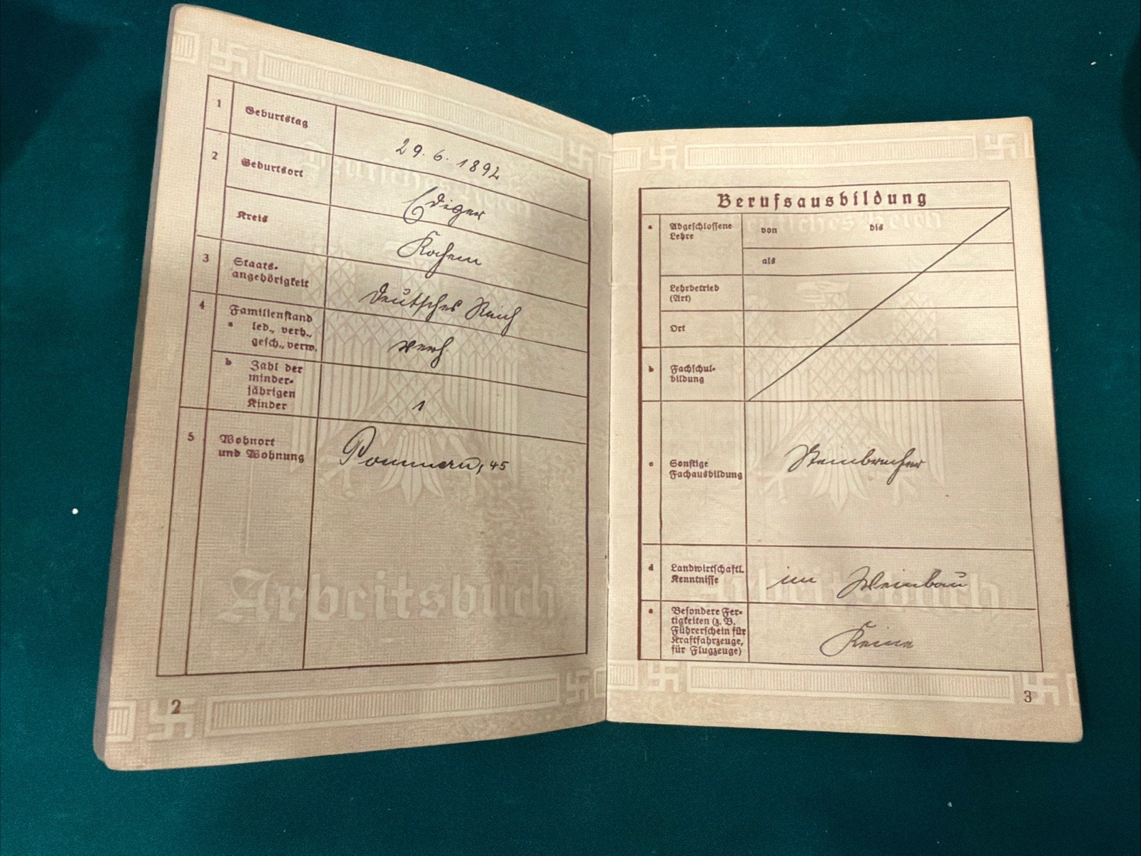 Original VTG before WWII German Arbeitsbuch Work Book