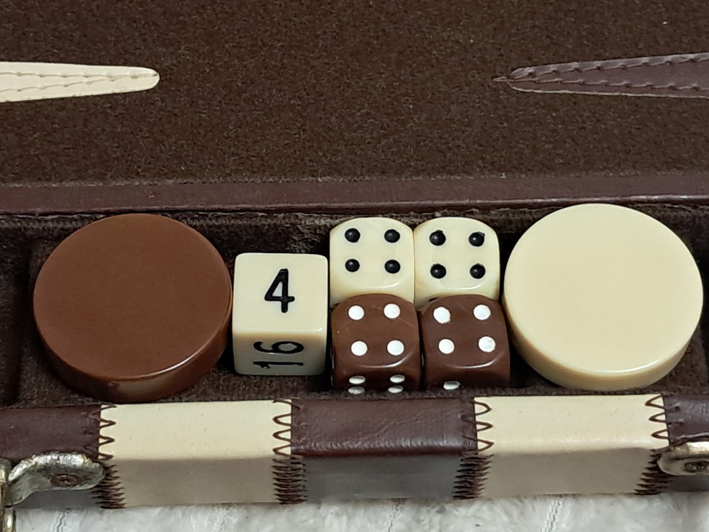 Bakelite Backgammom Gaming Set Complete Leather Bound Stitched