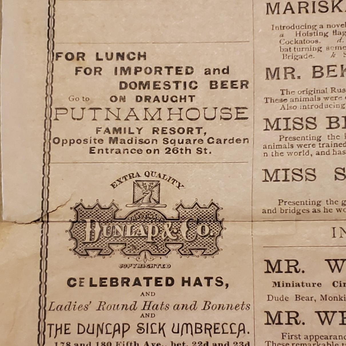5157----1894 Madison Square Garden weekly bulletin NYC theatre + performances