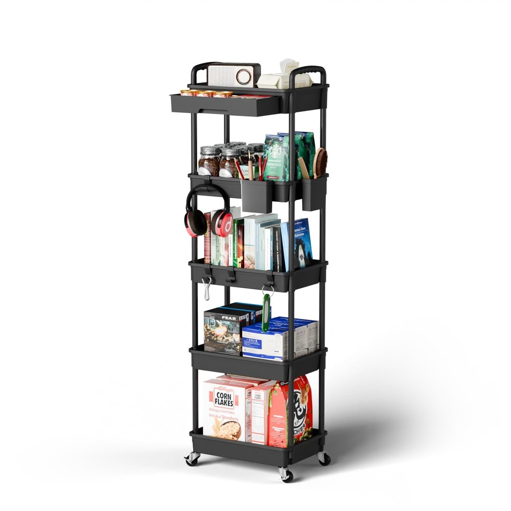5 Tier Rolling Kitchen Storage Cart Organizer with Wheels Black Multi-Functional