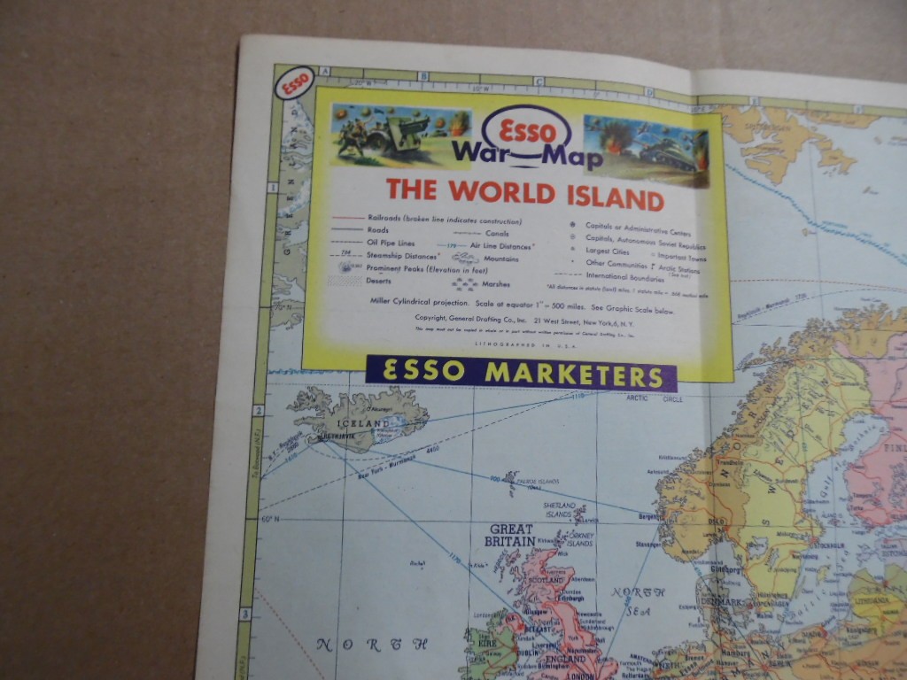 WWII ESSO WAR MAP II Featuring World Island Fortress Europe Vintage Original