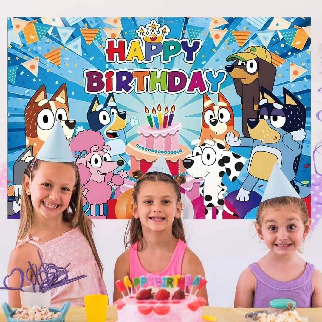 Blue Sheepdog Theme Happy Birthday Backdrop 5x3.2ft Birthday Party Decoration