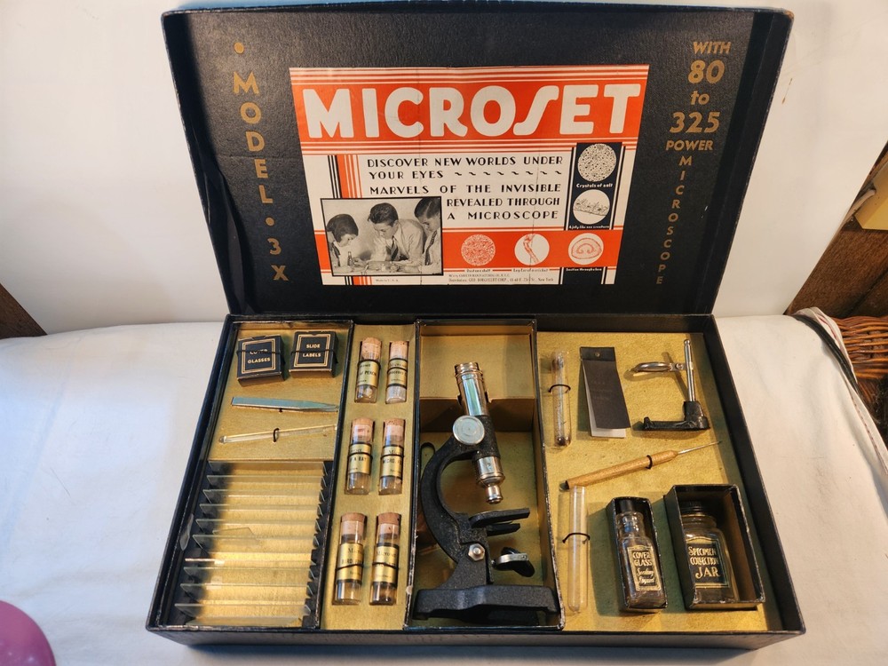 Old Microscope Set - Model 3x Microset Science Toy Distrib. Geo Borgfeldt