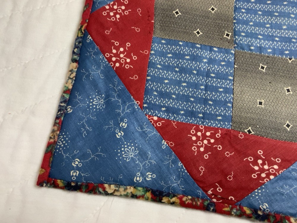 Antique Patchwork Quilt Table Topper, Four Patch W/ Triangles, Early Calicos