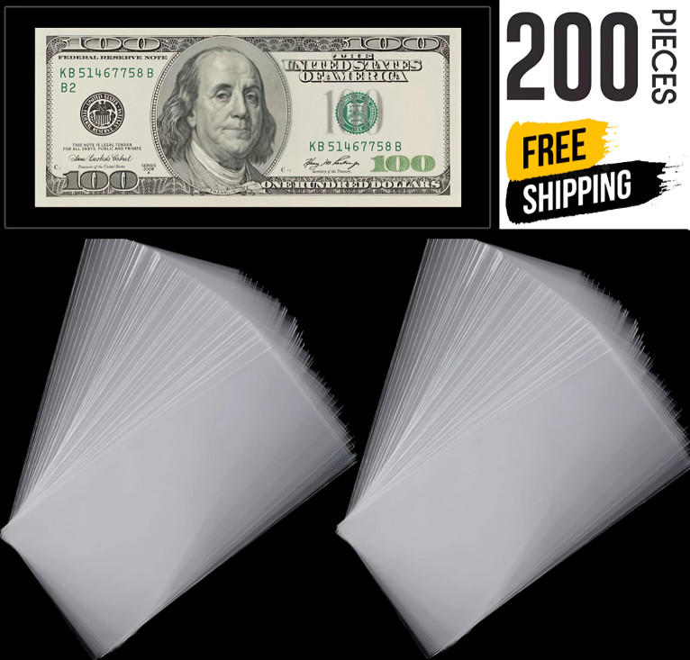 200 PCS Currency Sleeves Bill Holder Plastic Paper Money Holders for Collectors