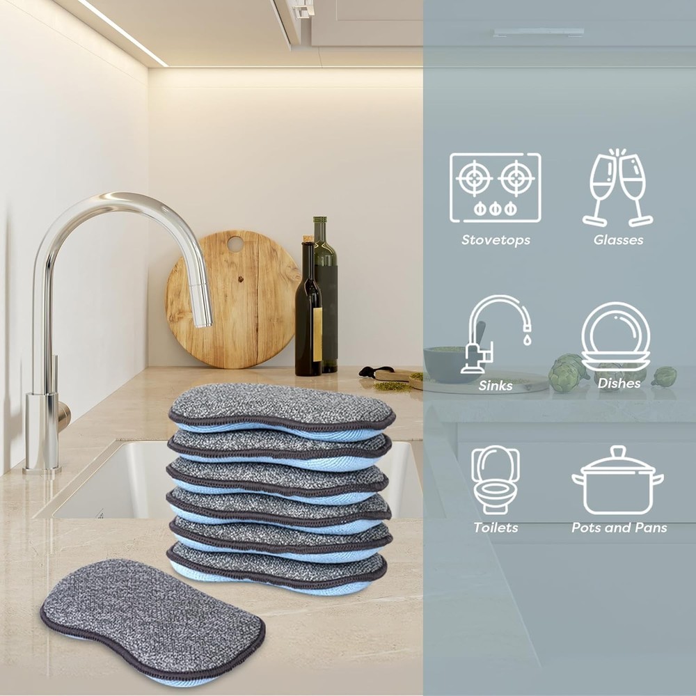 Heavy-Duty Reusable Kitchen Sponges - 6 Pack with Smart Microfiber Technology