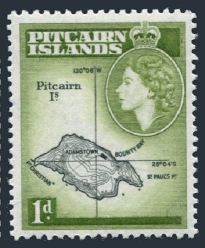 Pitcairn 21, hinged. Michel 21. QE II 1957. Map.