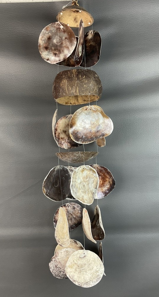 Vtg Capiz & Coconut Shell Boho Macrame Hanging Wind chime Home Decor