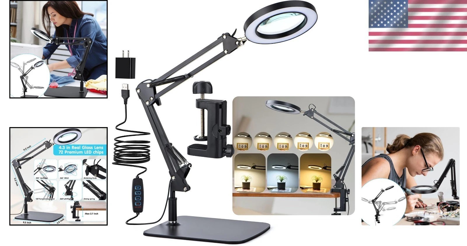 5-Diopter Glass Lens Magnifying Lamp, Adjustable Arm-