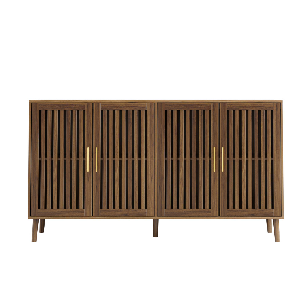 63" Walnut Sideboard Buffet Cabinet w/ 4 Doors, Adjustable Shelves