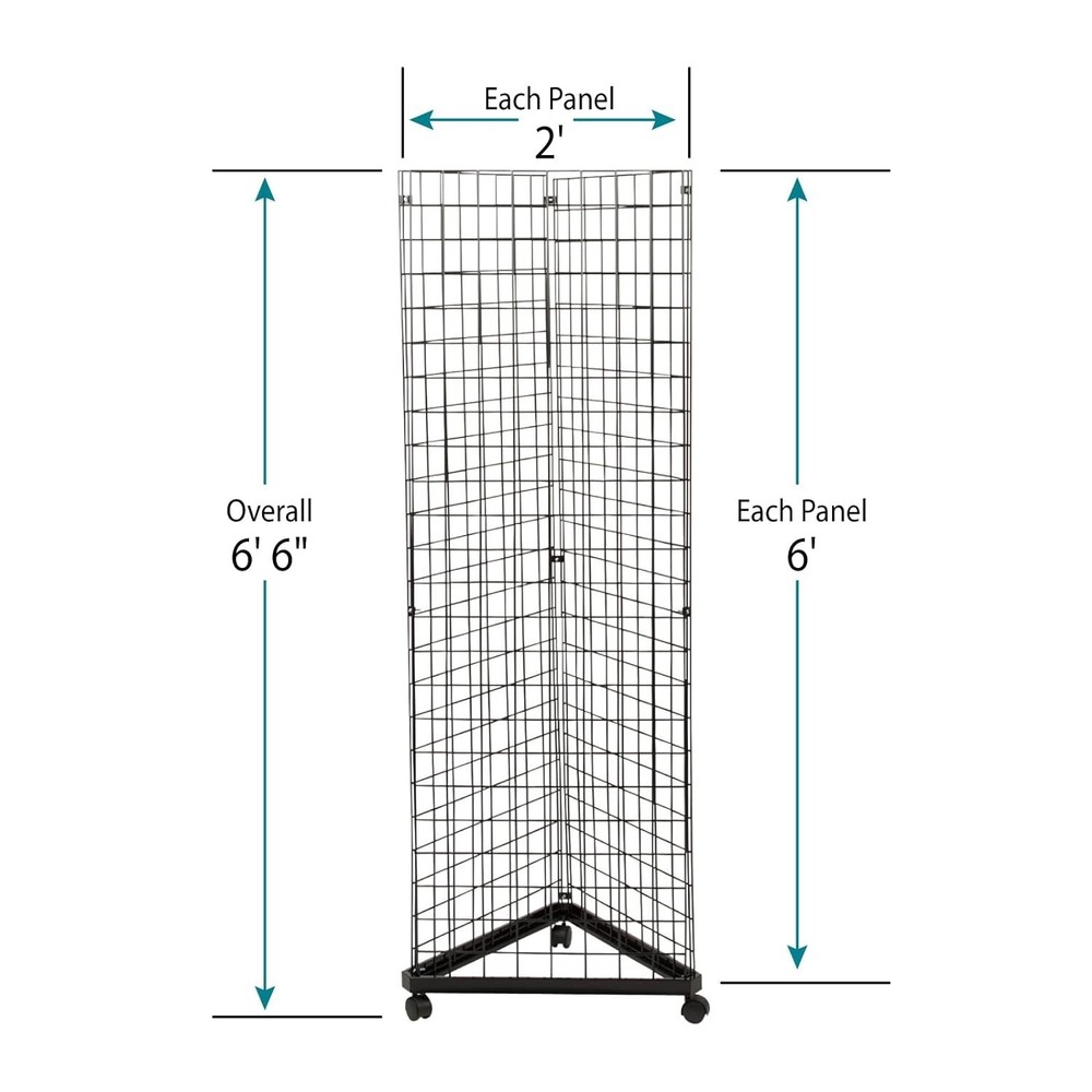 Wire Grid Triangle Tower Display Rack Casters Rolling Casters Black 2' x 6 ½' H