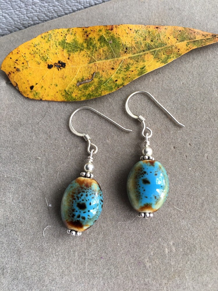 Sterling silver Ceramic bead Earrings-Earthtones-Boho chic-Pre-owned