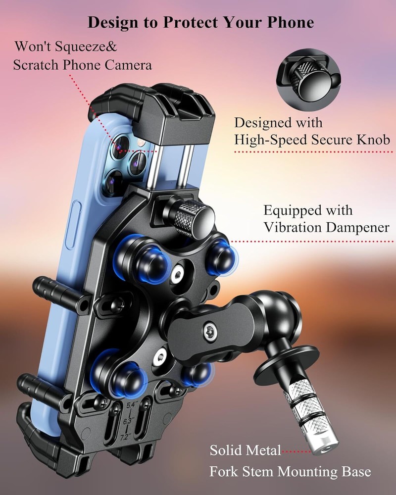 BRCOVAN Motorcycle Fork Stem Phone Mount with Vibration Dampener & Black