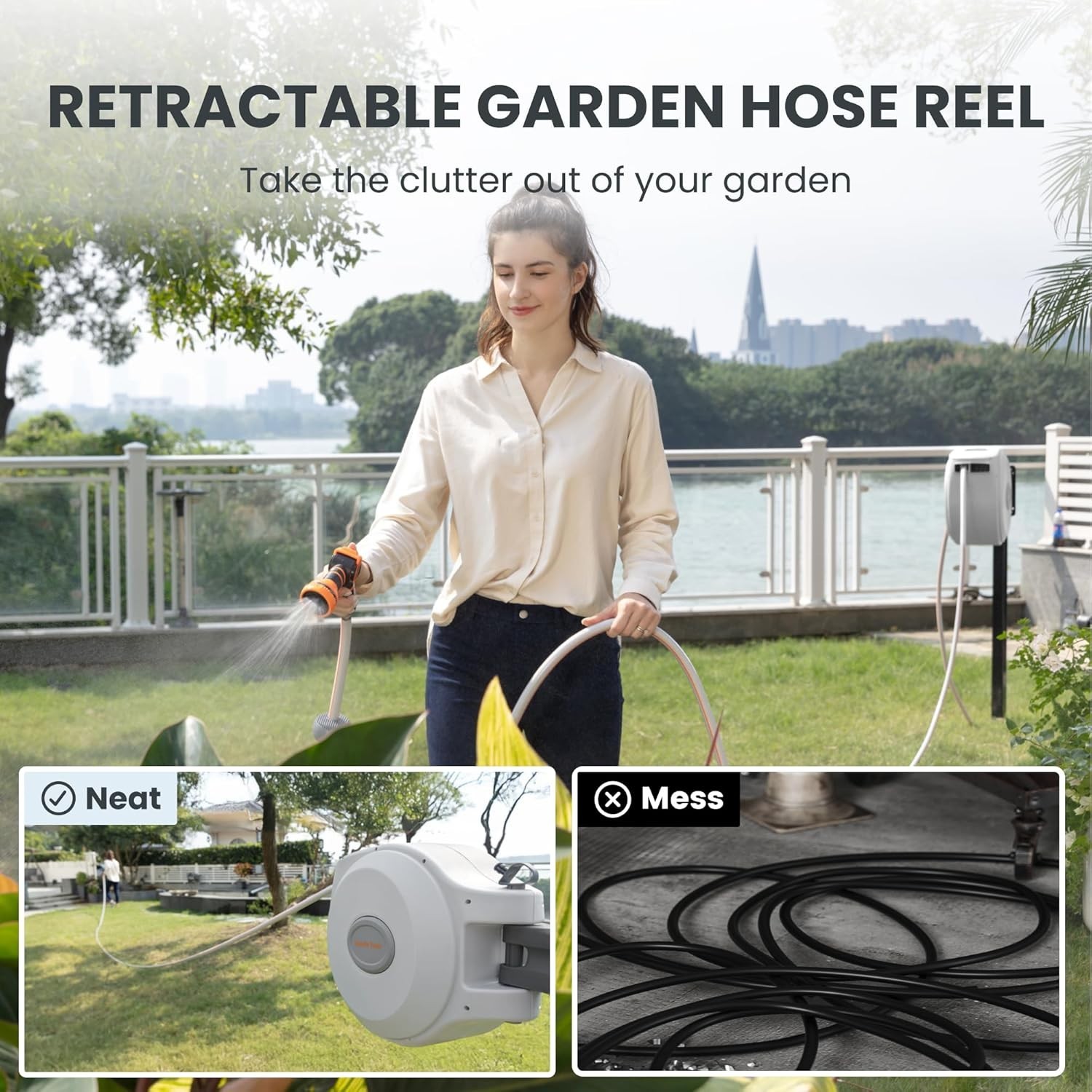 Giraffe Tools Retractable Garden Hose Reel 5/8in 60-115ft Water Hose Wall Mount