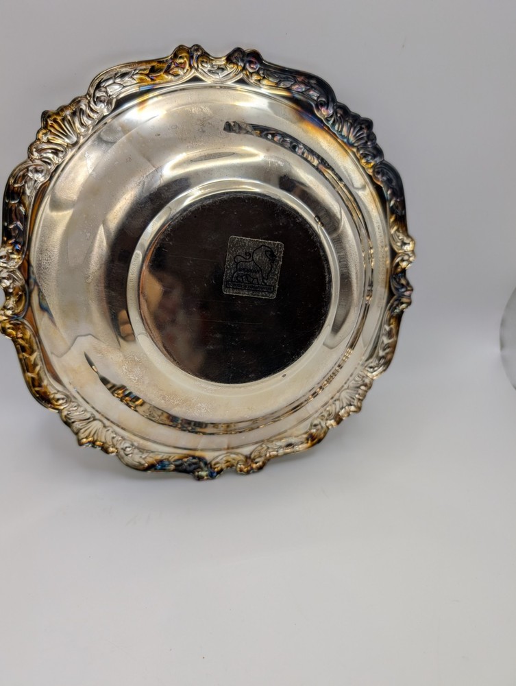 Vintage Silverplate Serving Bowl – Decorative Ornate Edge – Lion Mark