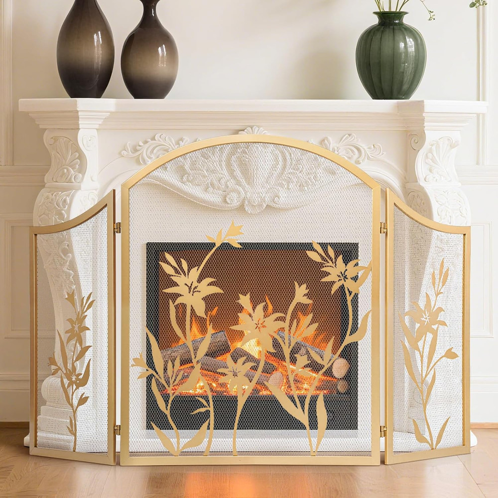 Fireplace Screen 3 Panel Folding Fireplace Screens 48.4 X 25.6 Inch Lily Pattern