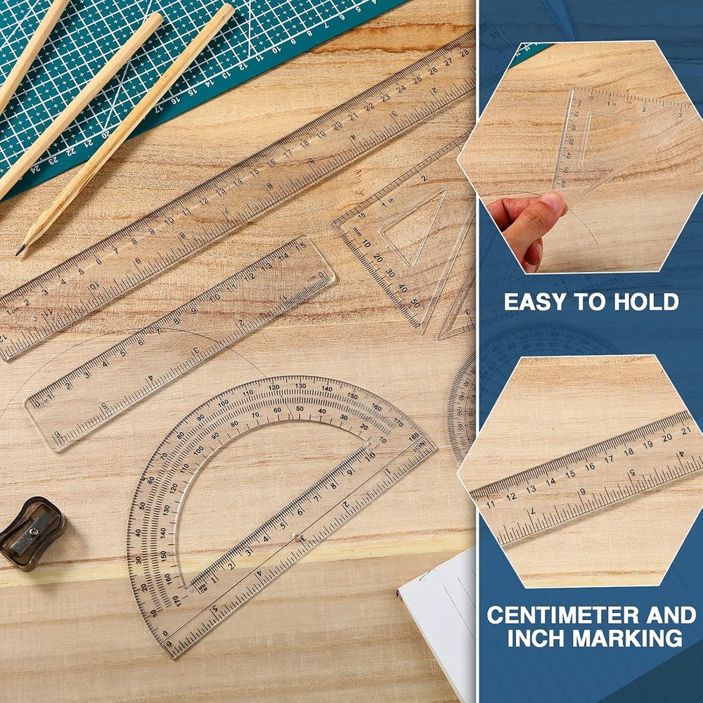 Tenare 1 Set Plastic Clear Math Set Includes Protractor Triangle Rulers 12 Inch
