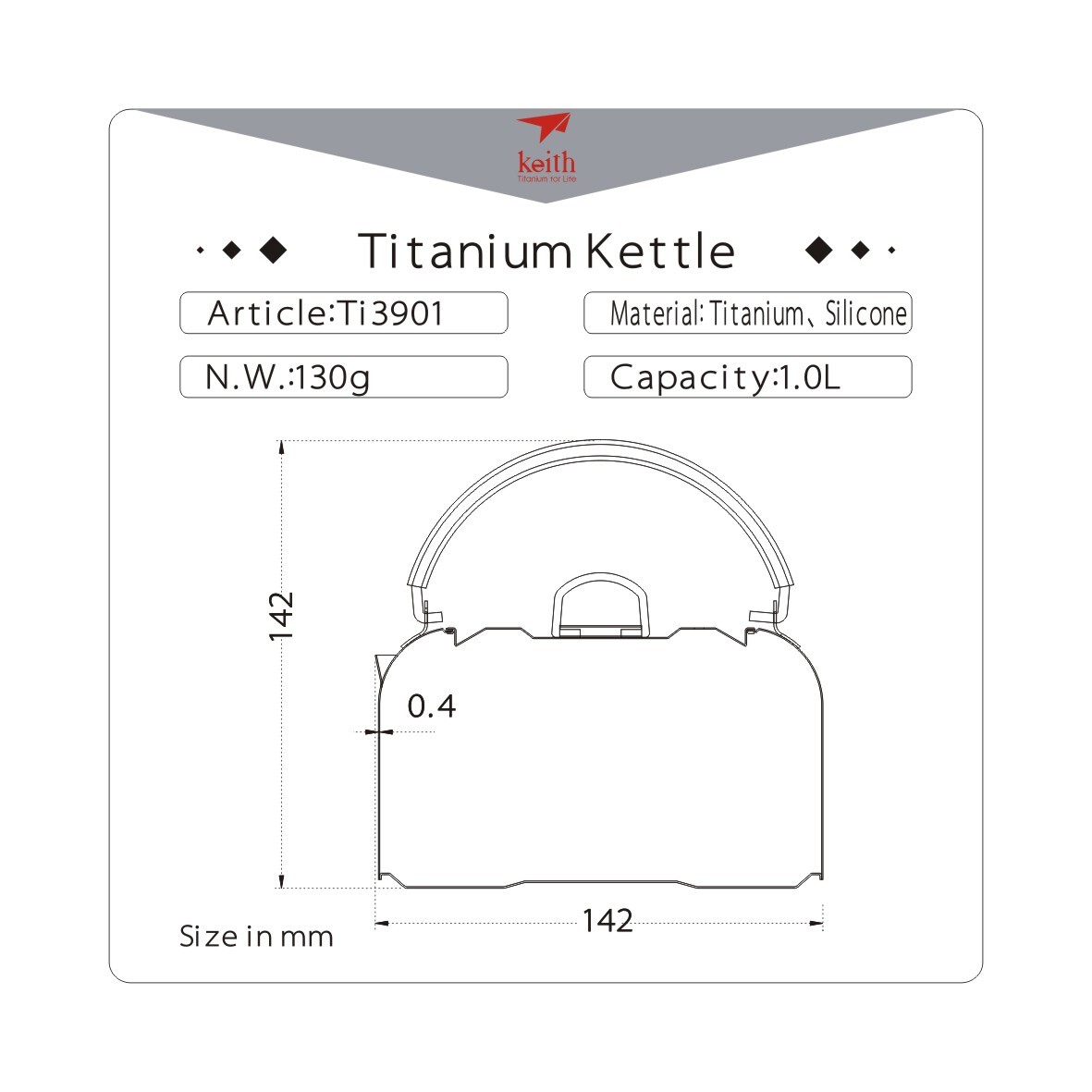Keith Titanium Ti3901 Kettle - 1.0 L (Shipped from California, USA)