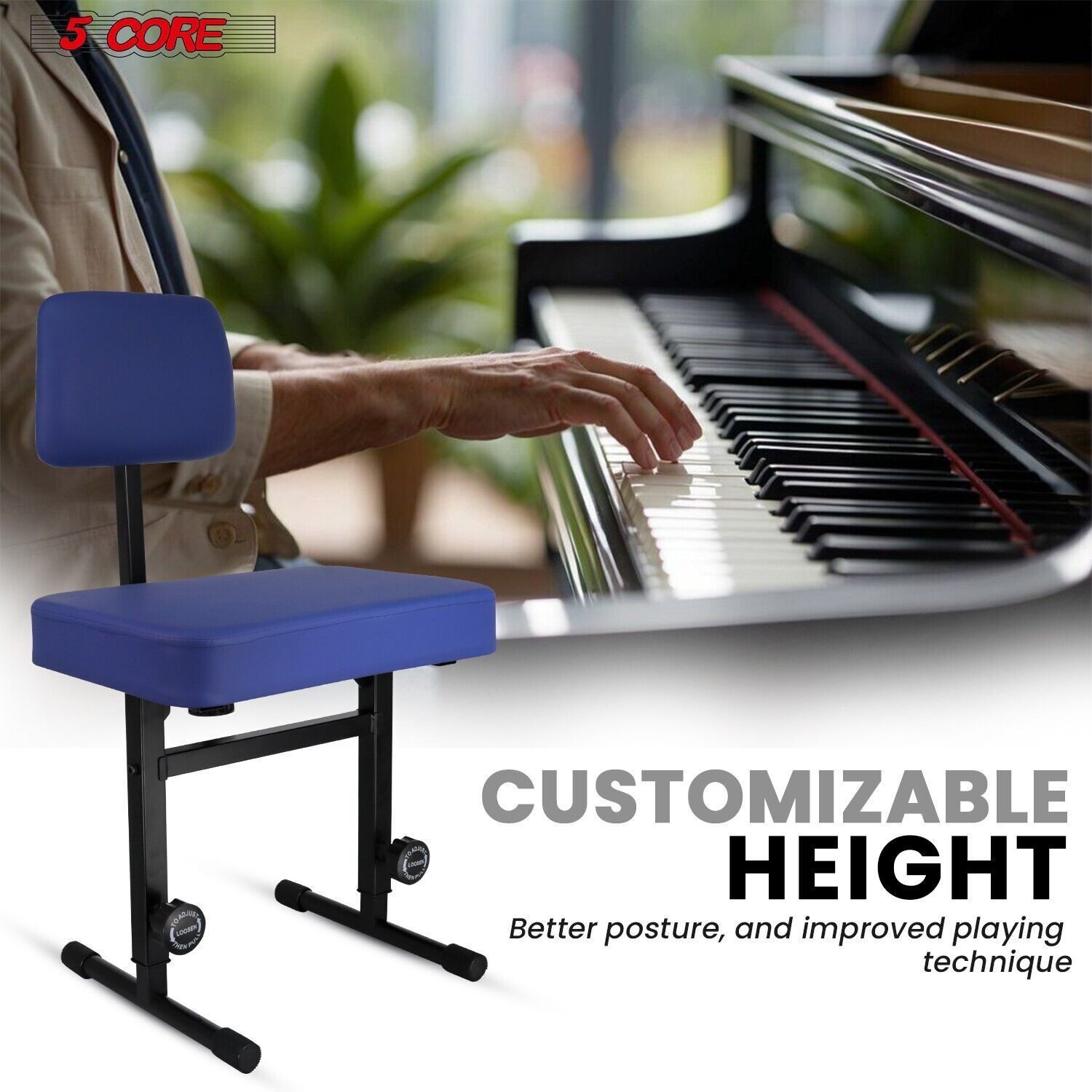 5 CORE Piano Bench Height Adjustable Keyboard Stool Stool Heavy Duty Thick Padde