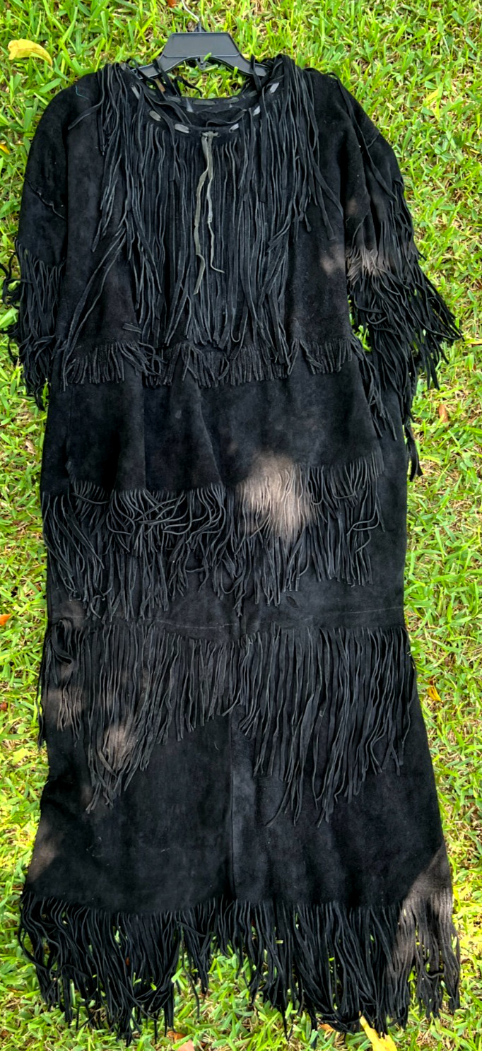 Native American Indian Black Suede Fringe Shawl & Skirt Leather 1970s Vintage!