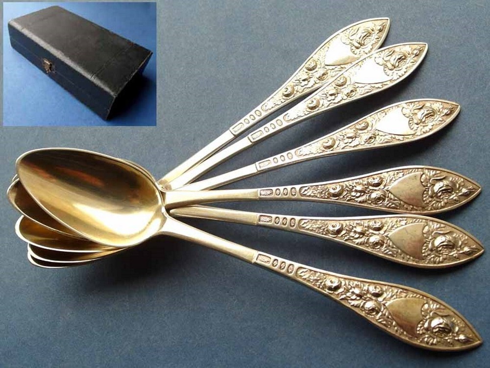 Set, 6 Large Tea Spoons, Roses, Silver, around 1820 E540
