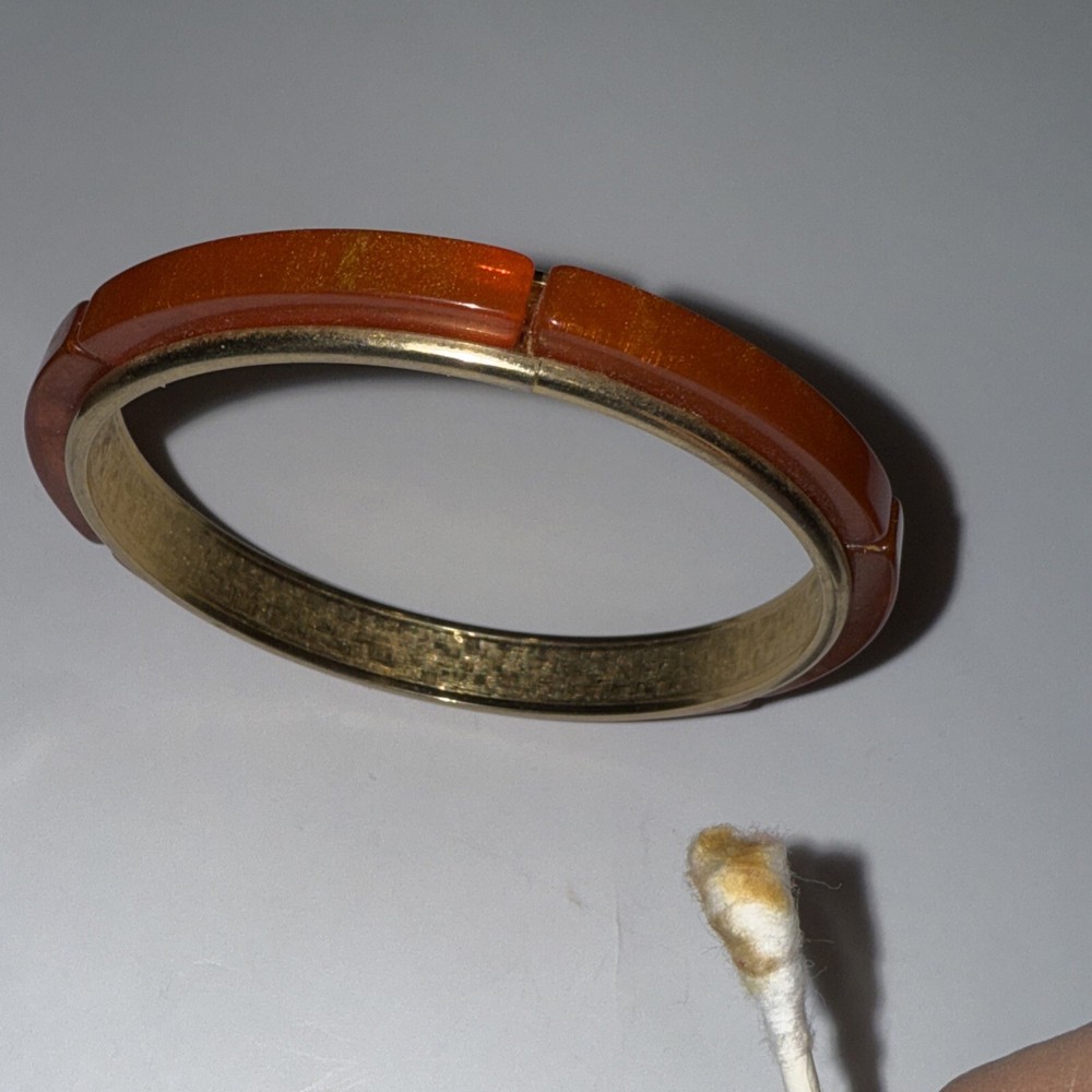 Vintage Gold Tone With Orange Bakelite Inserts Bangle Bracelet
