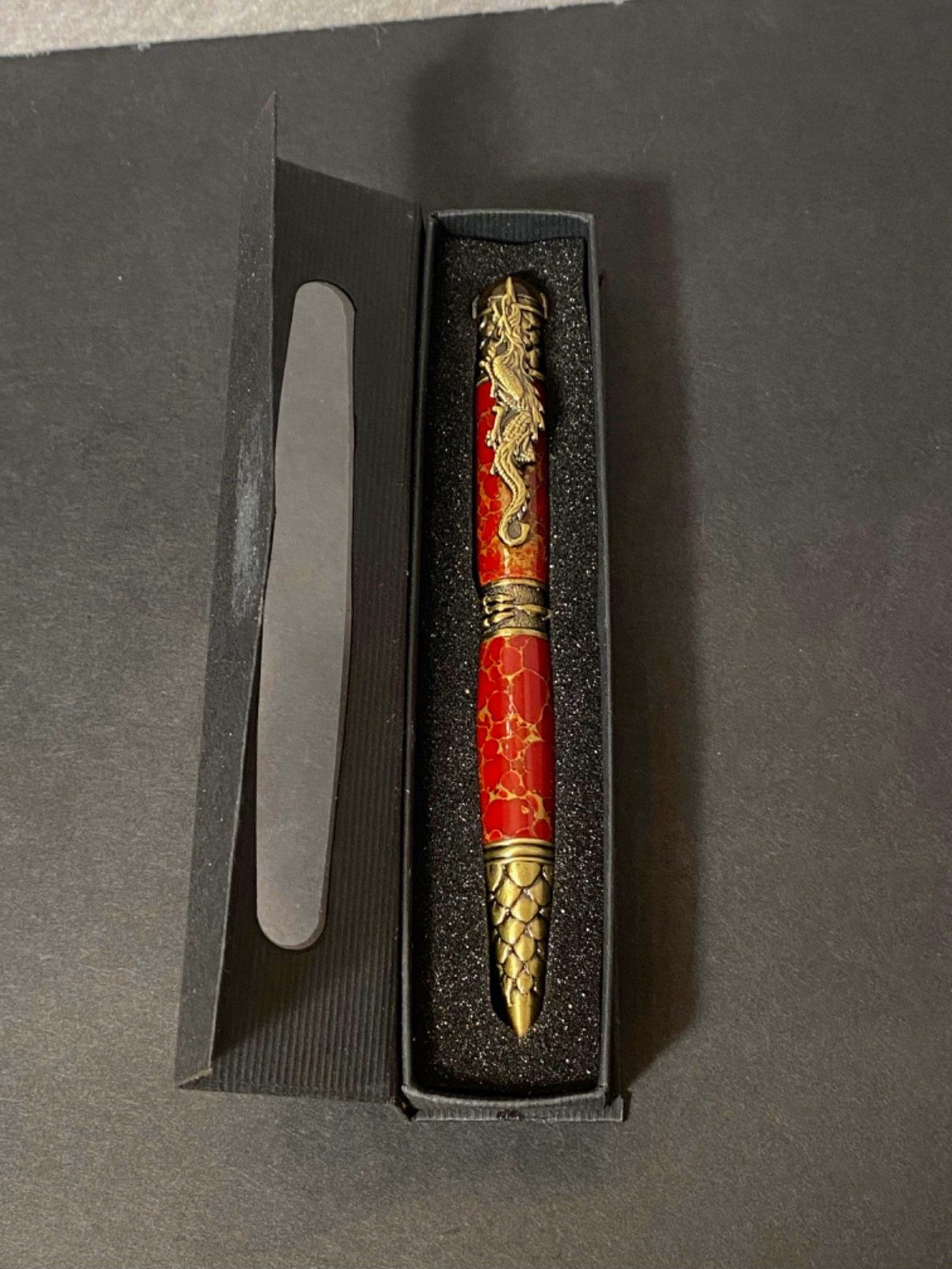 Red Jasper Crouching Dragon Armored Scales Twist Ballpoint Pen Tigers Eye