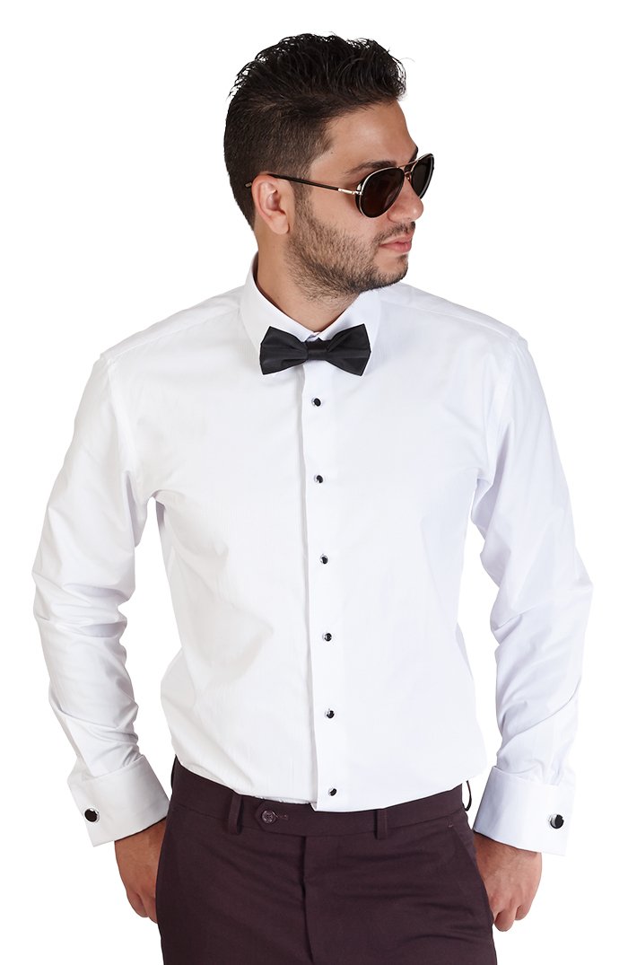 Men No Tag Lay Down White Tuxedo Dress Shirt Slim Fit Bow Cufflinks Studs AZAR