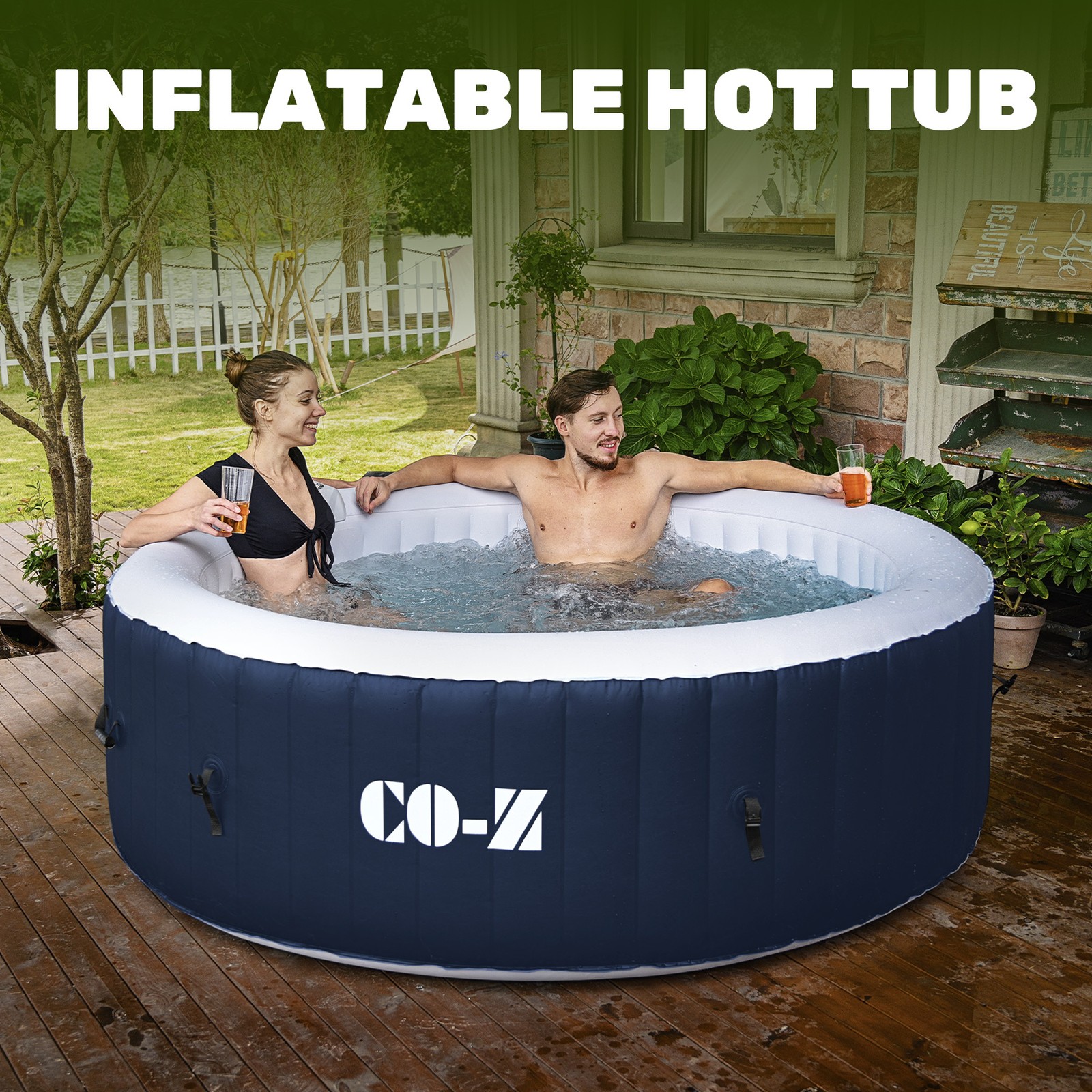 Inflatable Hot Spa Tub 4-Person w 120 Air Jet & Cover & Pump Outdoor Round Blue