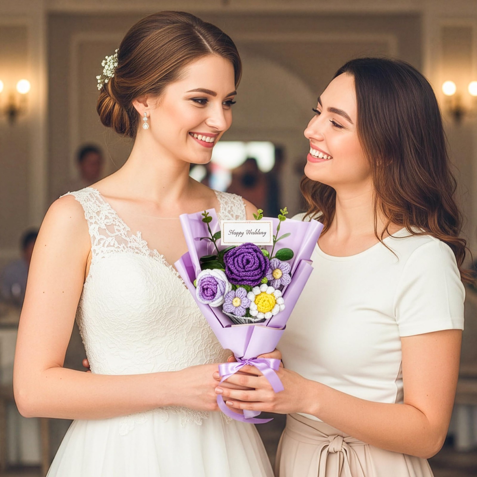 Omldggr Crochet Flowers Bouquet, Knitted 14 x 7.8 x 2.4 inches, Purple-rose