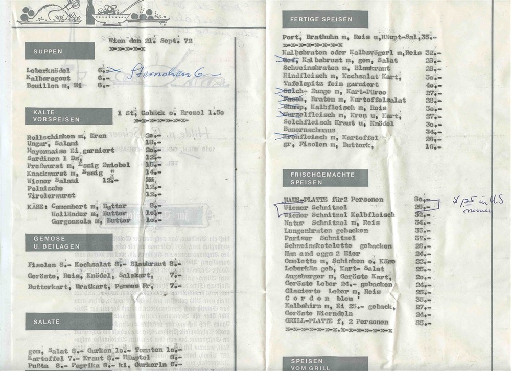 Hilde u C Scheer Menu Vienna Austria 1972