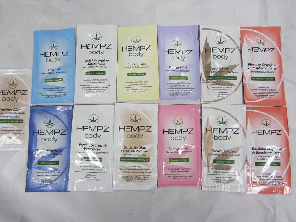 50 VARIOUS HEMPZ HERBAL WASH/MOISTURIZER LOTION SAMPLE PACKETS