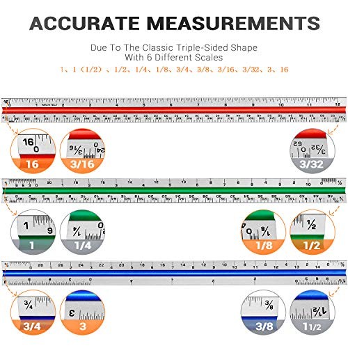 12" Architectural Scale Ruler Aluminum Architect Scale Triangular Tricolor