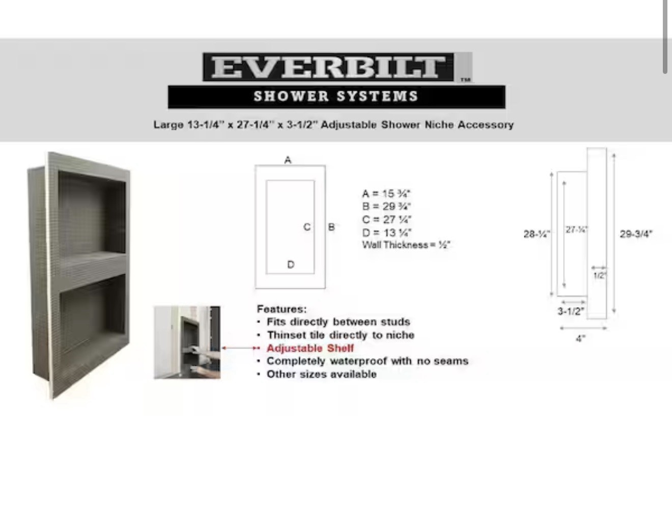 Everbilt Watershield Shower Niche System Foam Black 12.25" x 26.25" x 3