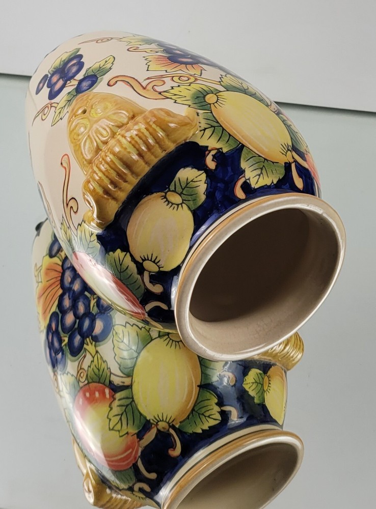 Decorative Vase - Hand-painted Fruit Pattern, Sculpted Handles