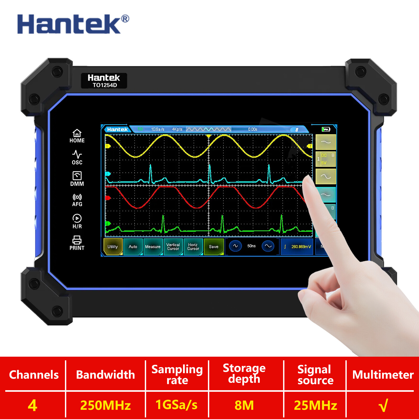 Hantek TO1254D Multi-functional Full Touch Screen Oscilloscope 250MHz 4CH AWG