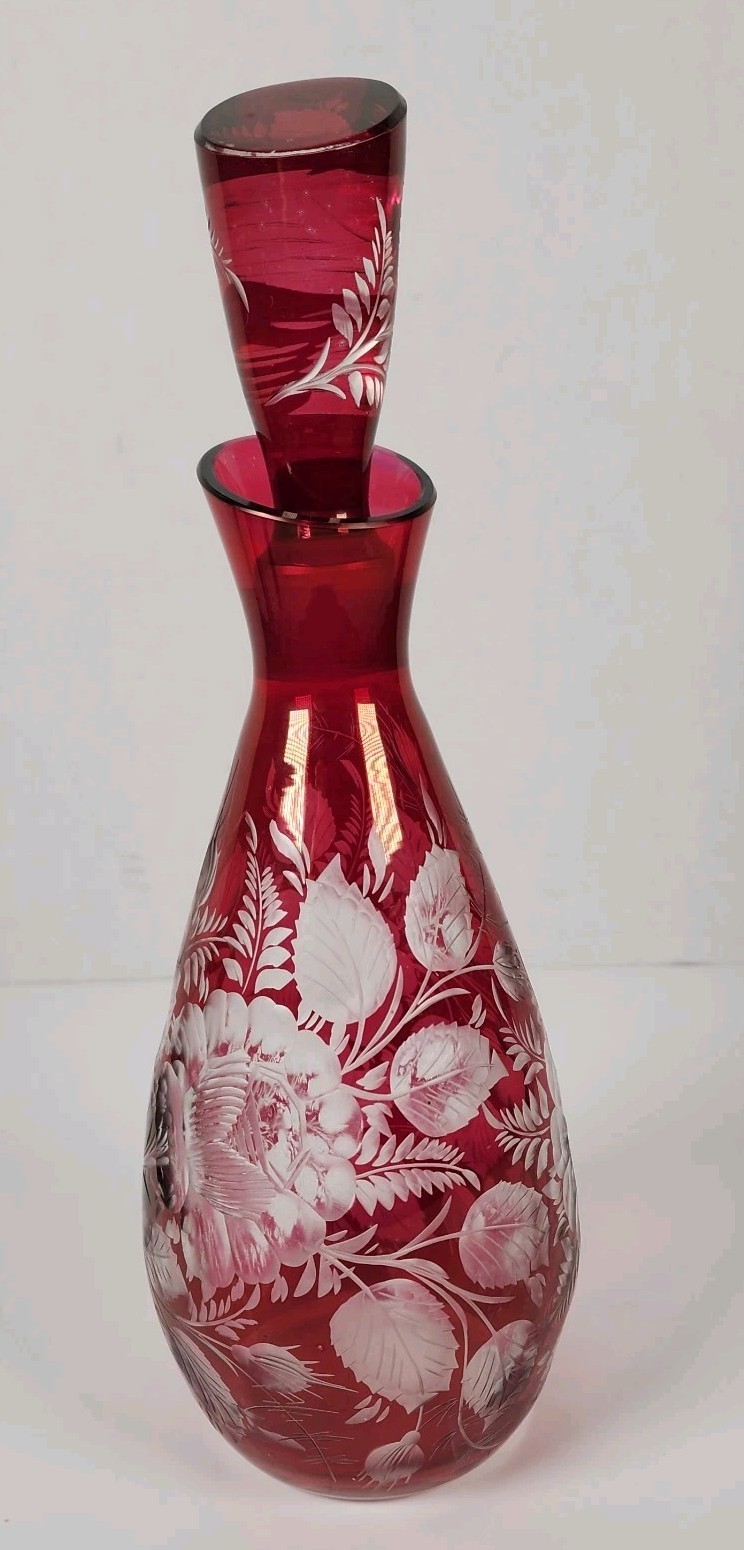 Bohemian Art Glass Ruby Red Liquor Decanter Etched Floral Design Vintage