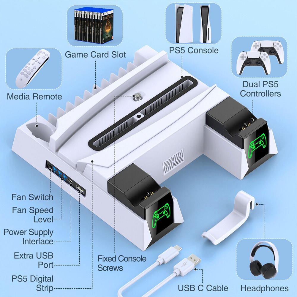 Efficient PS5 Cooling Fan Playstation 5 Dualsense Controller Charging Station