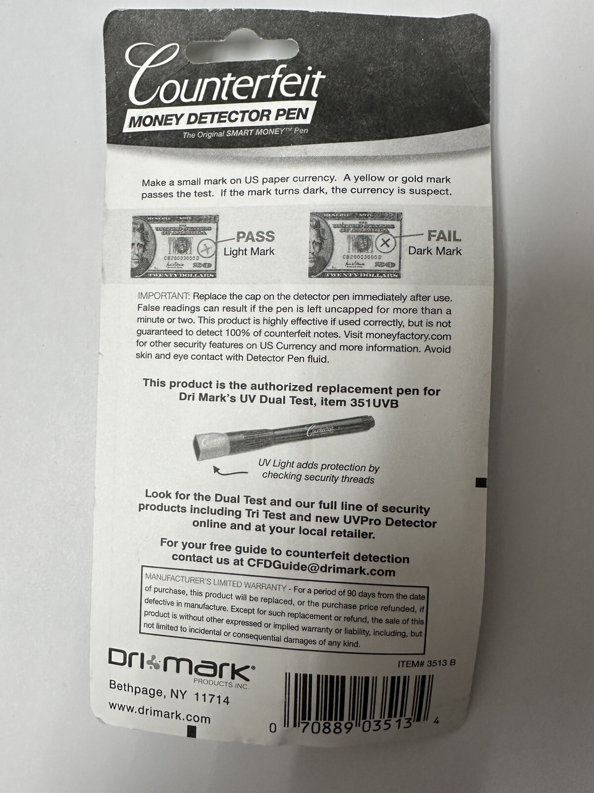 Dri-Mark Smart Money Counterfeit Bill Detector Pen for Use w/U.S. Currency