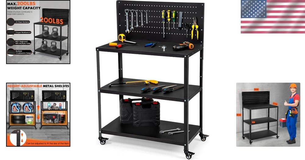 Sturdy Mobile Work Table with Lockable Wheels & Ample Storage Solutions - 600LBS